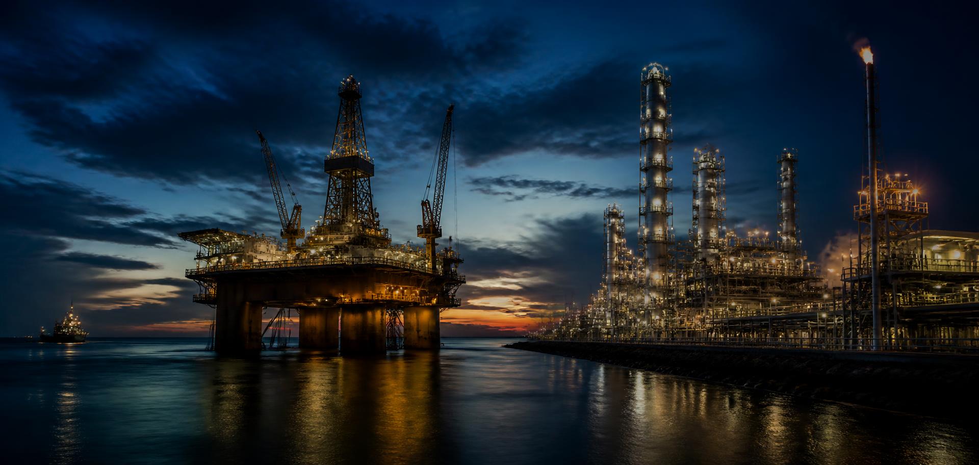 Offshore platforms and a refinery at twilight