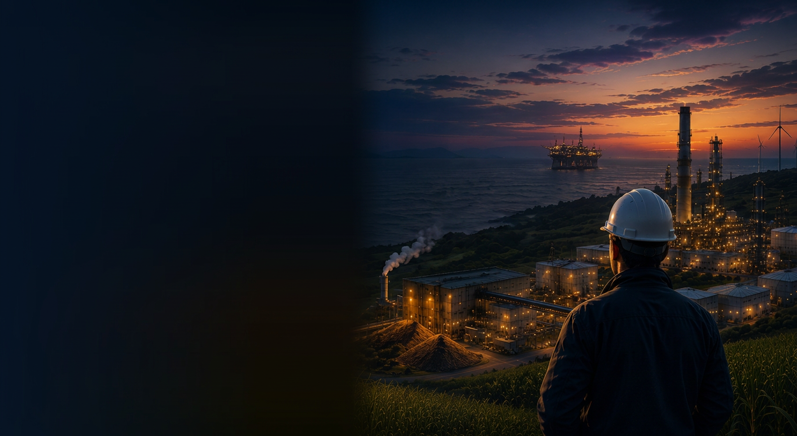 Dusk industrial panorama: refinery and process plant, biomass cogeneration facility, sugarcane field, distant offshore platform and wind turbines, with one industrial professional observing from the foreground.